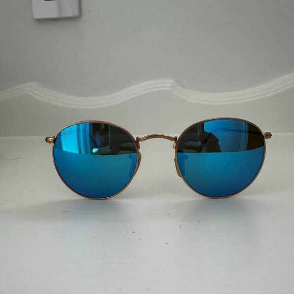 Ray-Ban Round Metal Sunglasses (Blue Mirrored Lenses, Gold Frame, Polarized) main image 4